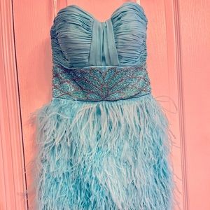 Strapless Beaded Prom dress with Feather Skirt